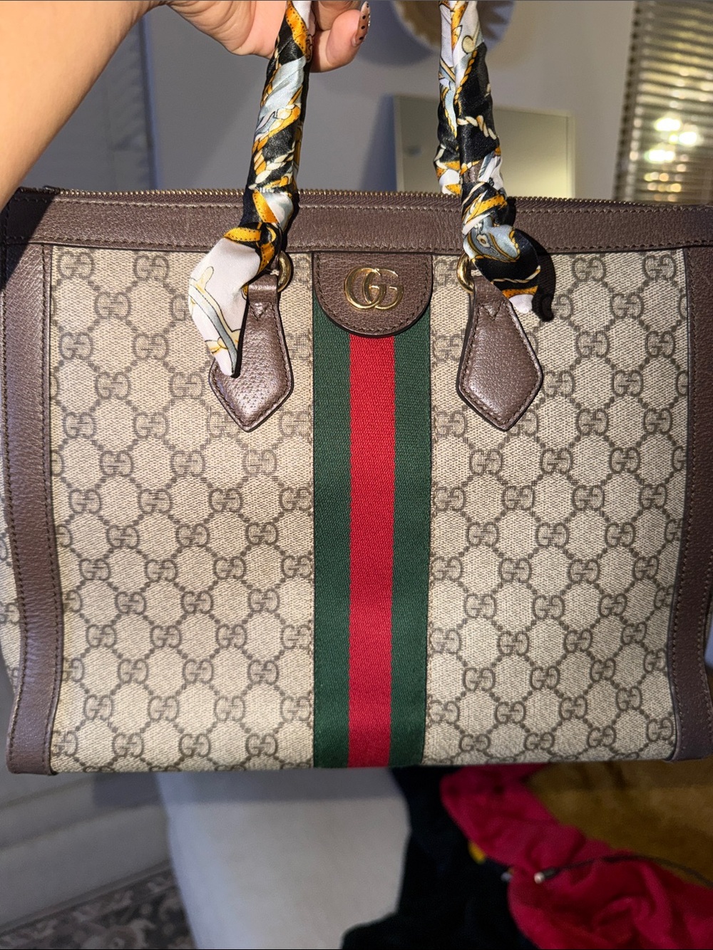 Gucci Beige GG Supreme Canvas Tote with Green and Red Web Stripe and Brown Trim